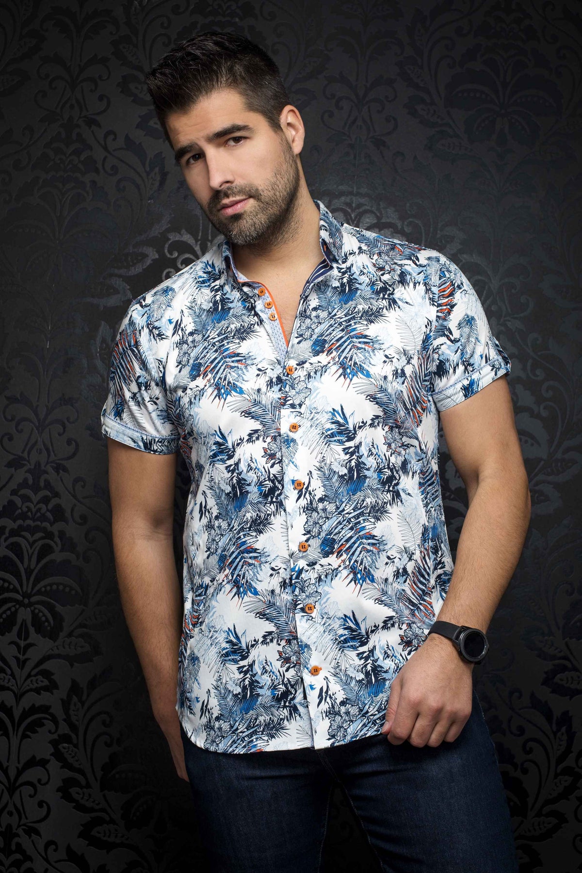 230171-Chemise AU NOIR MELLONI (SS) (WHITE/BLUE - 230171) MODÈLE: MELLONI (SS)