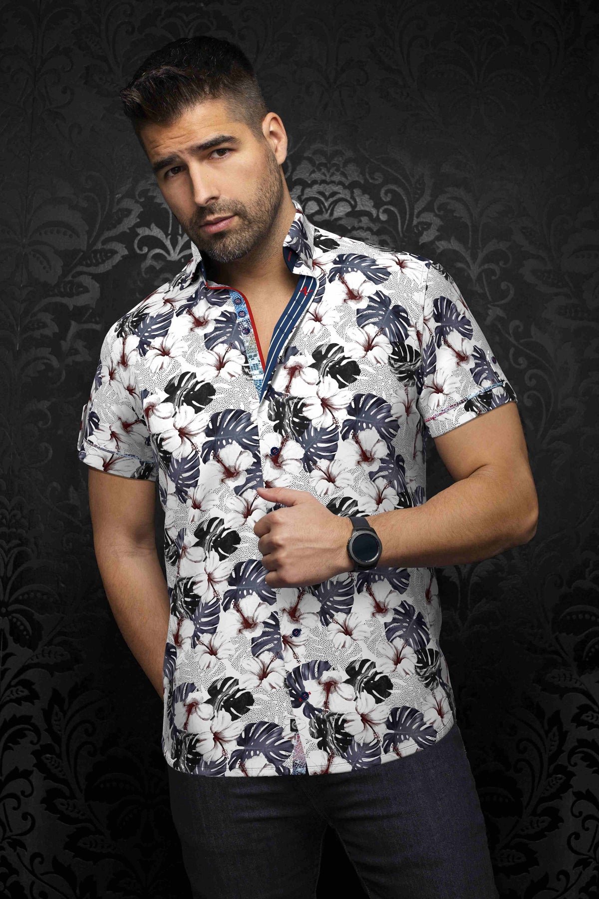 Chemise AU NOIR manches courtes (WHITE/DENIM - 241030) MODÈLE: AXEL (SS)