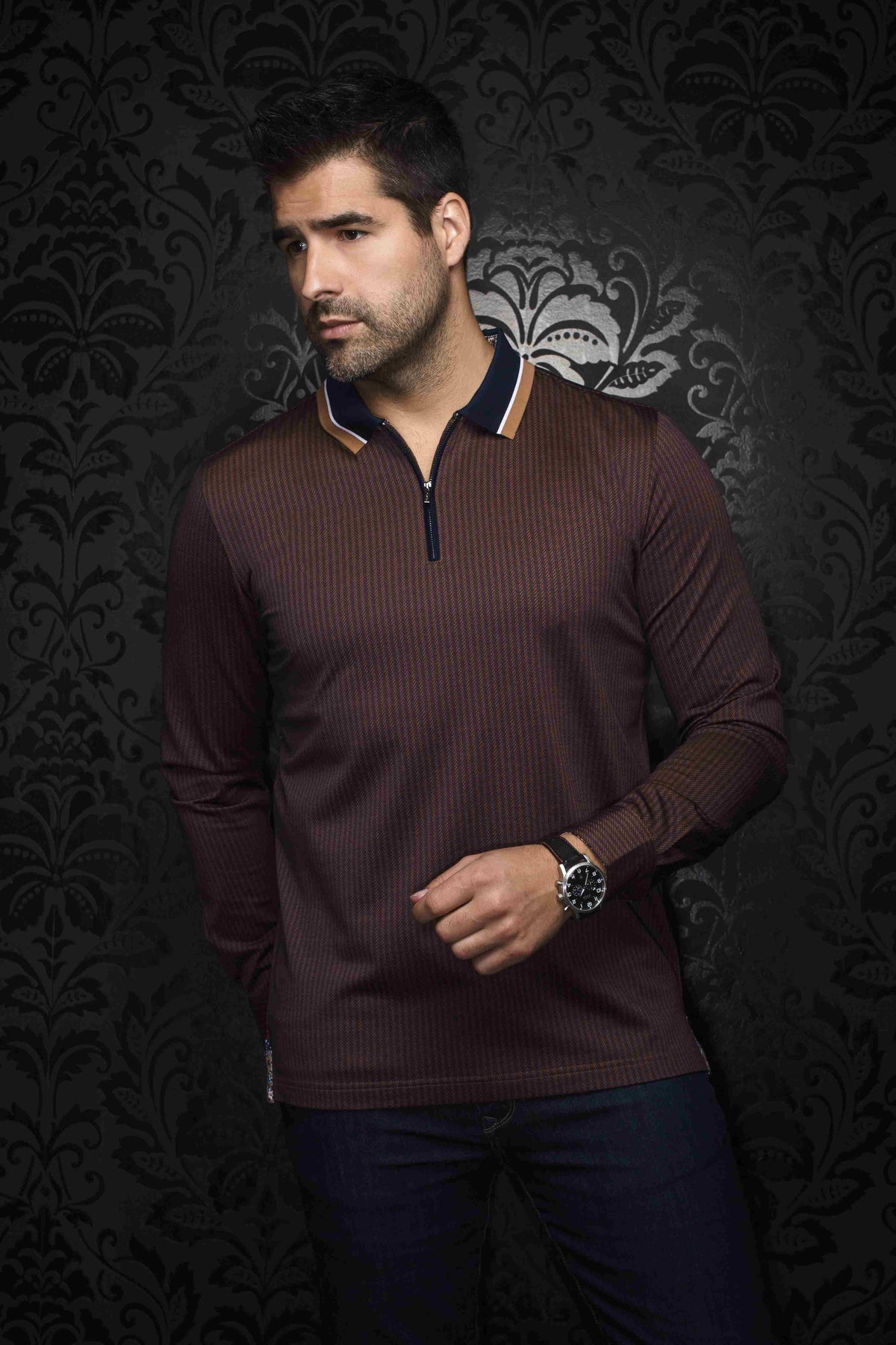 Polo manches longues a fermeture éclair AU NOIR (TOBACCO - 241267) MODÈLE: FEDERICO