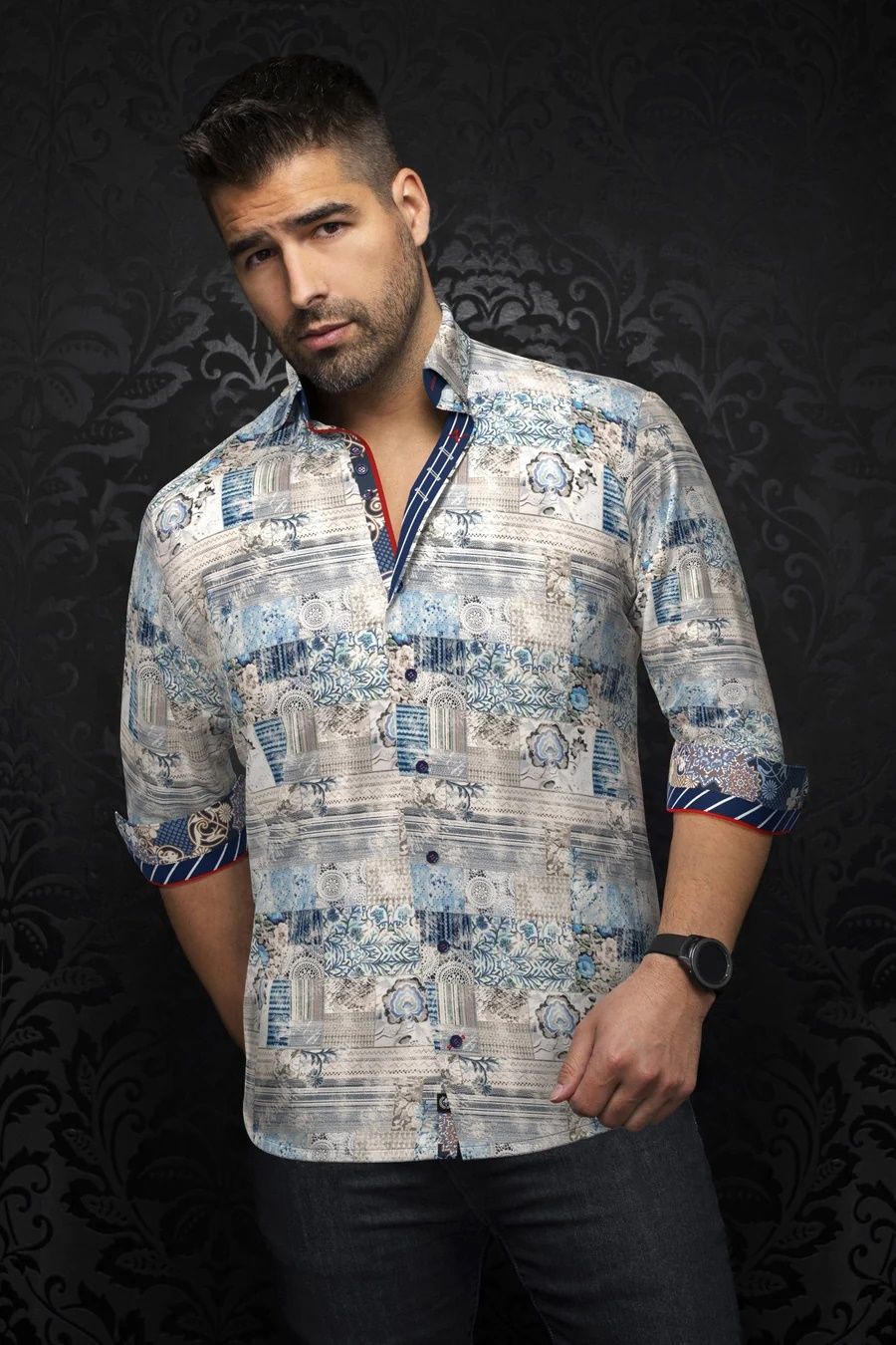 Chemise sport manches longues AU NOIR (WHITE/BLUE - 251686) MODÈLE: EASTON