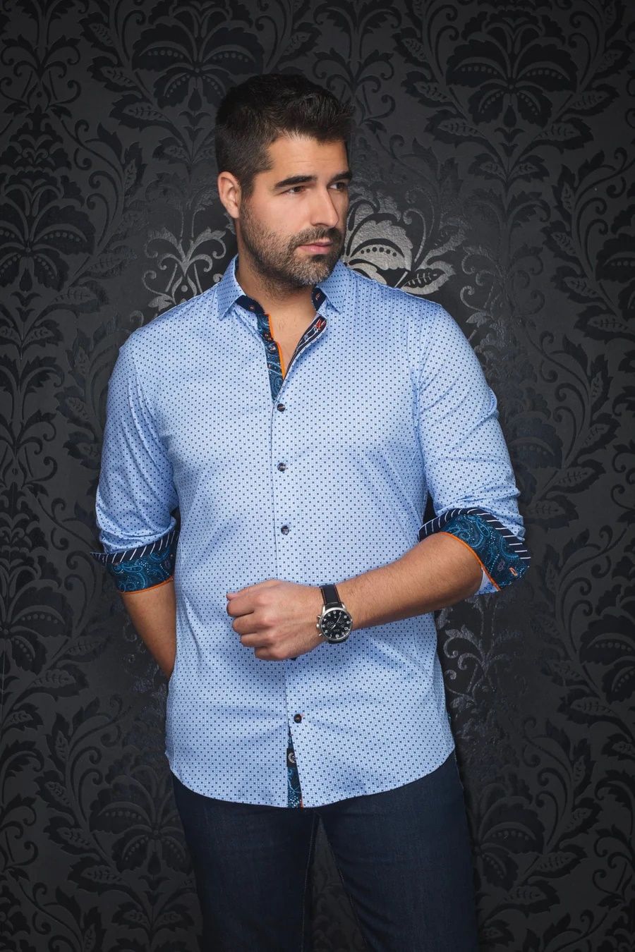 Chemise sport manches longues extensible AU NOIR (LT.BLUE - 251916) MODÈLE: CALDARA