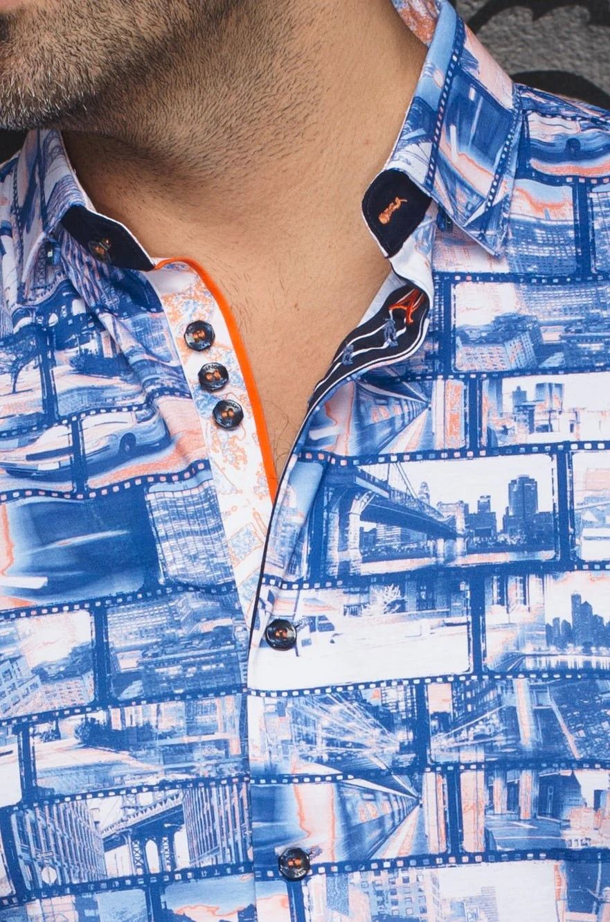 Chemise sport manches courtes AU NOIR (BLEU/ORANGE - 251927) MODÈLE: MEDFORD(SS)