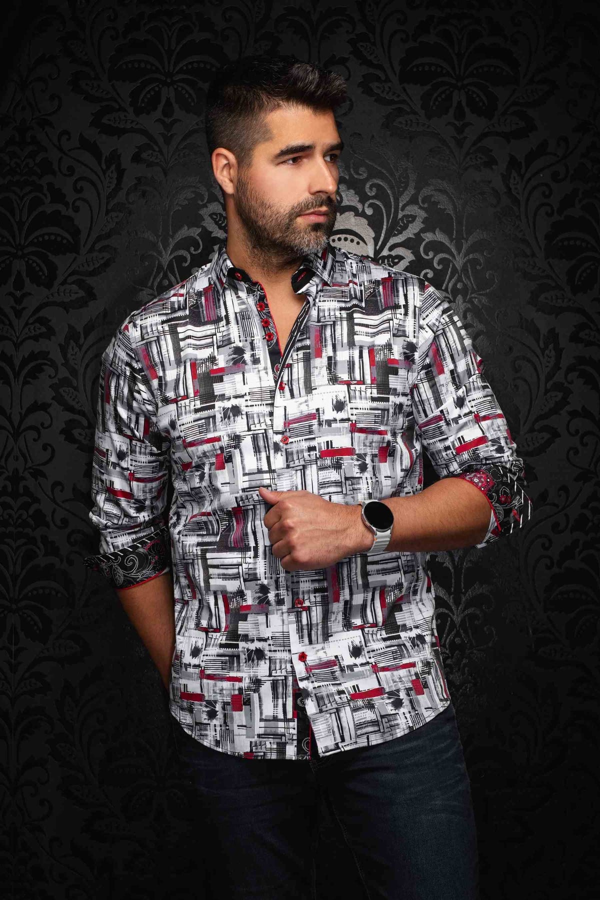 Chemise sport manches longues AU NOIR (WHITE/RED - 252032) MODÈLE: BROOKLYN