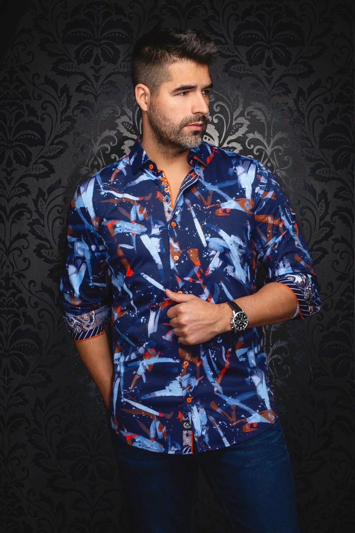 Chemise sport manches longues extensible AU NOIR (MARINE - 252204) MODÈLE: ZANDER