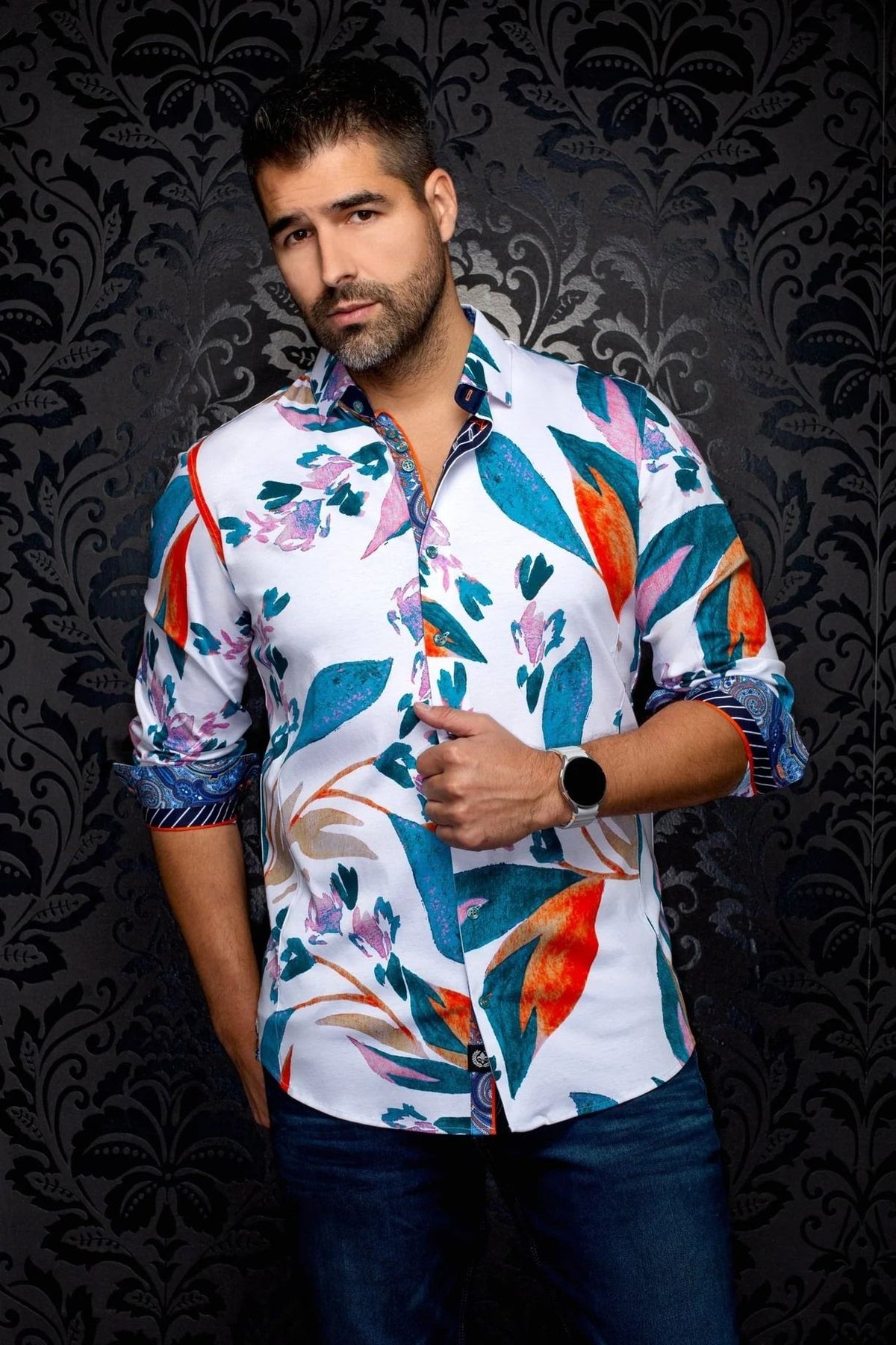 Chemise sport manches longues extensible AU NOIR (WHITE/TEAL - 262756) MODÈLE: VINEHAVEN