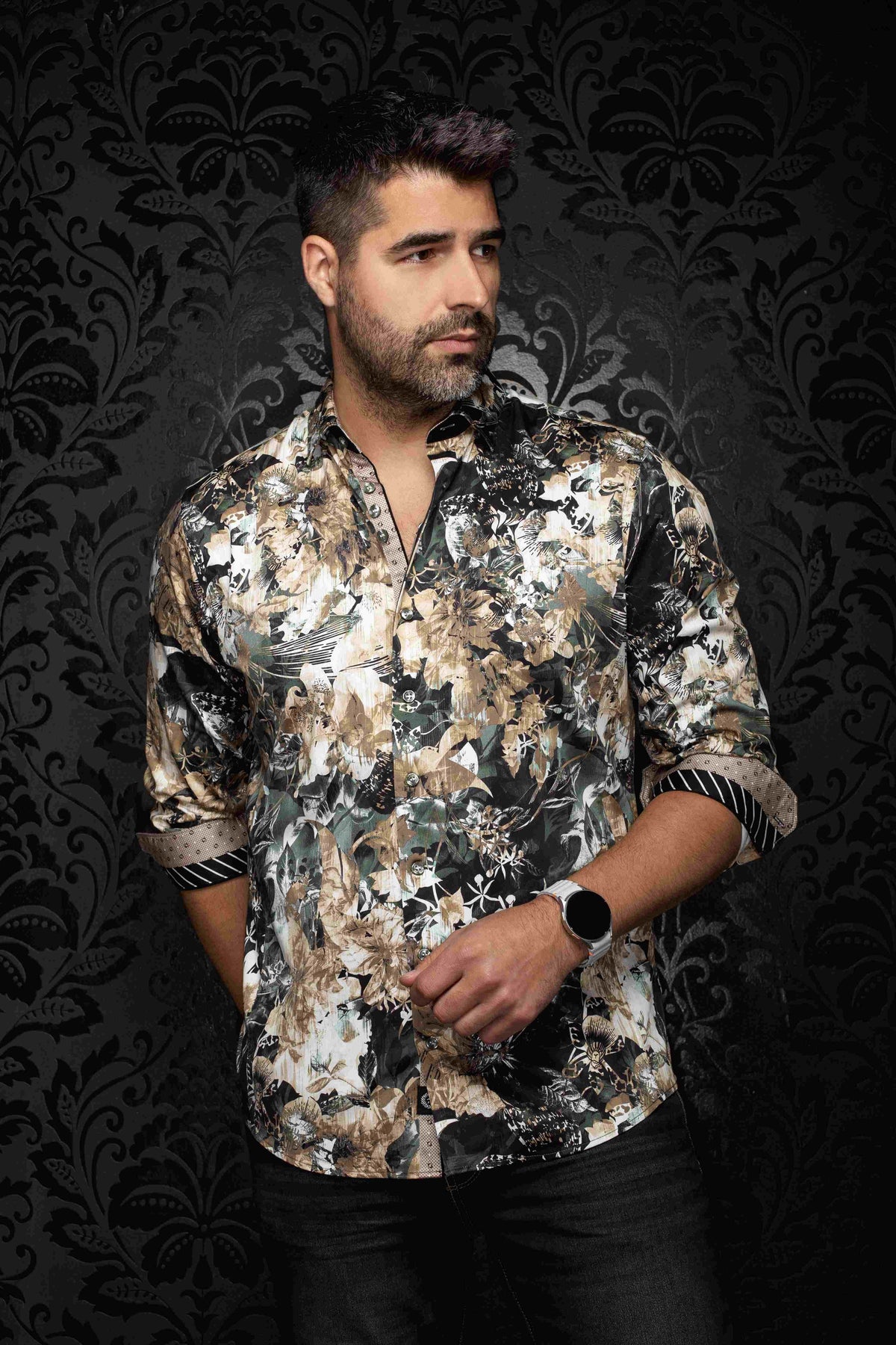 Chemise sport manches longues extensible AU NOIR (OLIVE - 262757) MODÈLE: CHARLTON