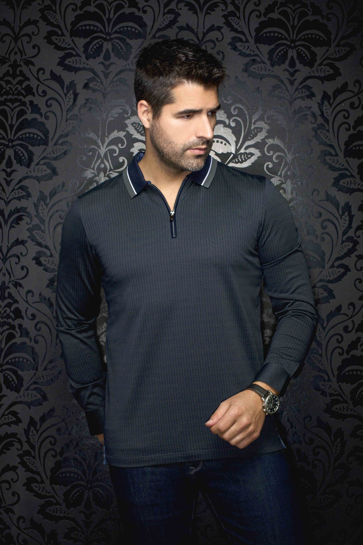 Polo manches longues a fermeture éclair AU NOIR (OLIVE - 241267) MODÈLE: FEDERICO