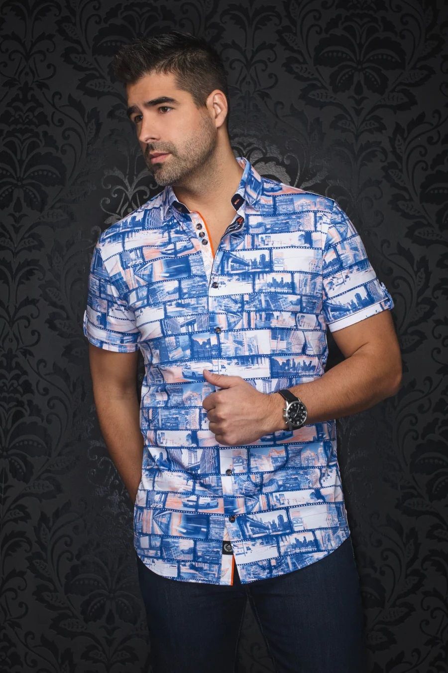 Chemise sport manches courtes AU NOIR (BLEU/ORANGE - 251927) MODÈLE: MEDFORD(SS)
