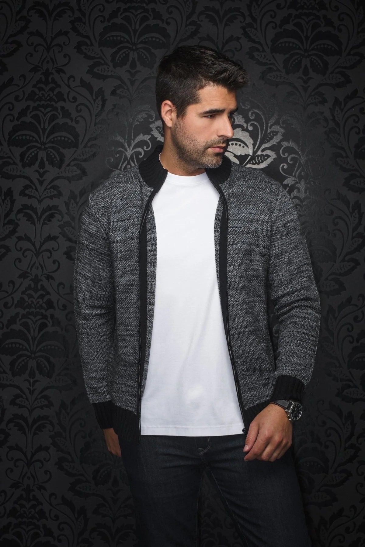 Cardigan à fermeture éclair AU NOIR (GRIS - 251986) MODÈLE: KOSKI_FZ