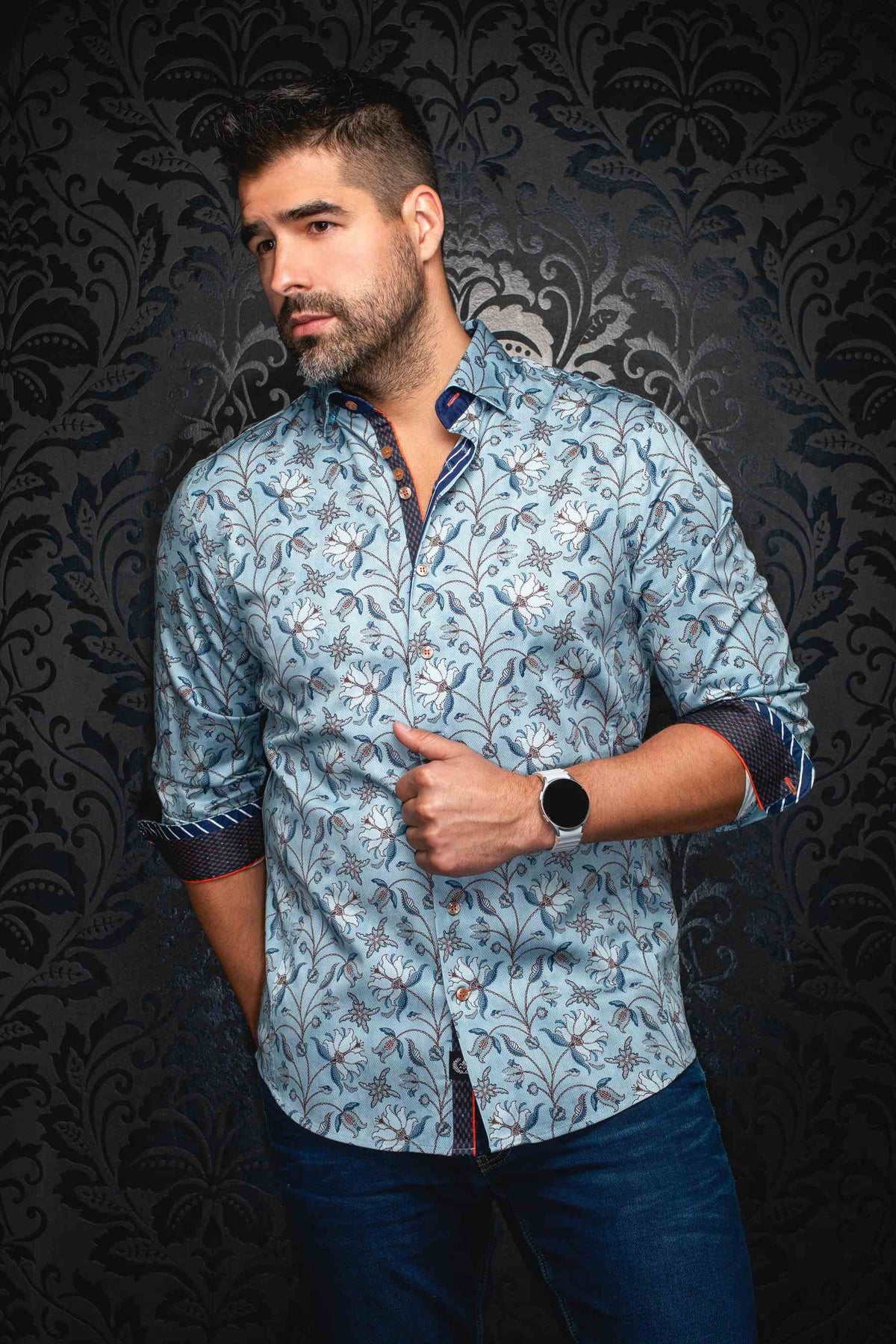 Chemise sport manches longues AU NOIR (BLEU/ACIER - 252028) MODÈLE: HARRINGTON