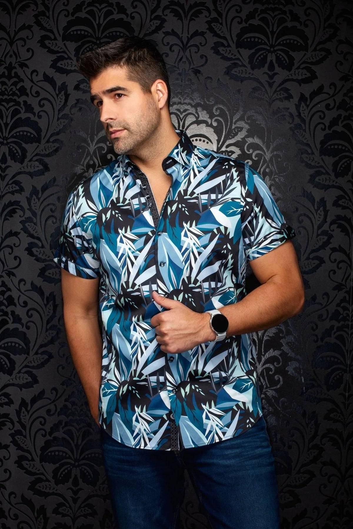 Chemise Manches Courtes AU NOIR (BLACK/BLEU - 262573) MODÈLE: GREENWILD (SS)