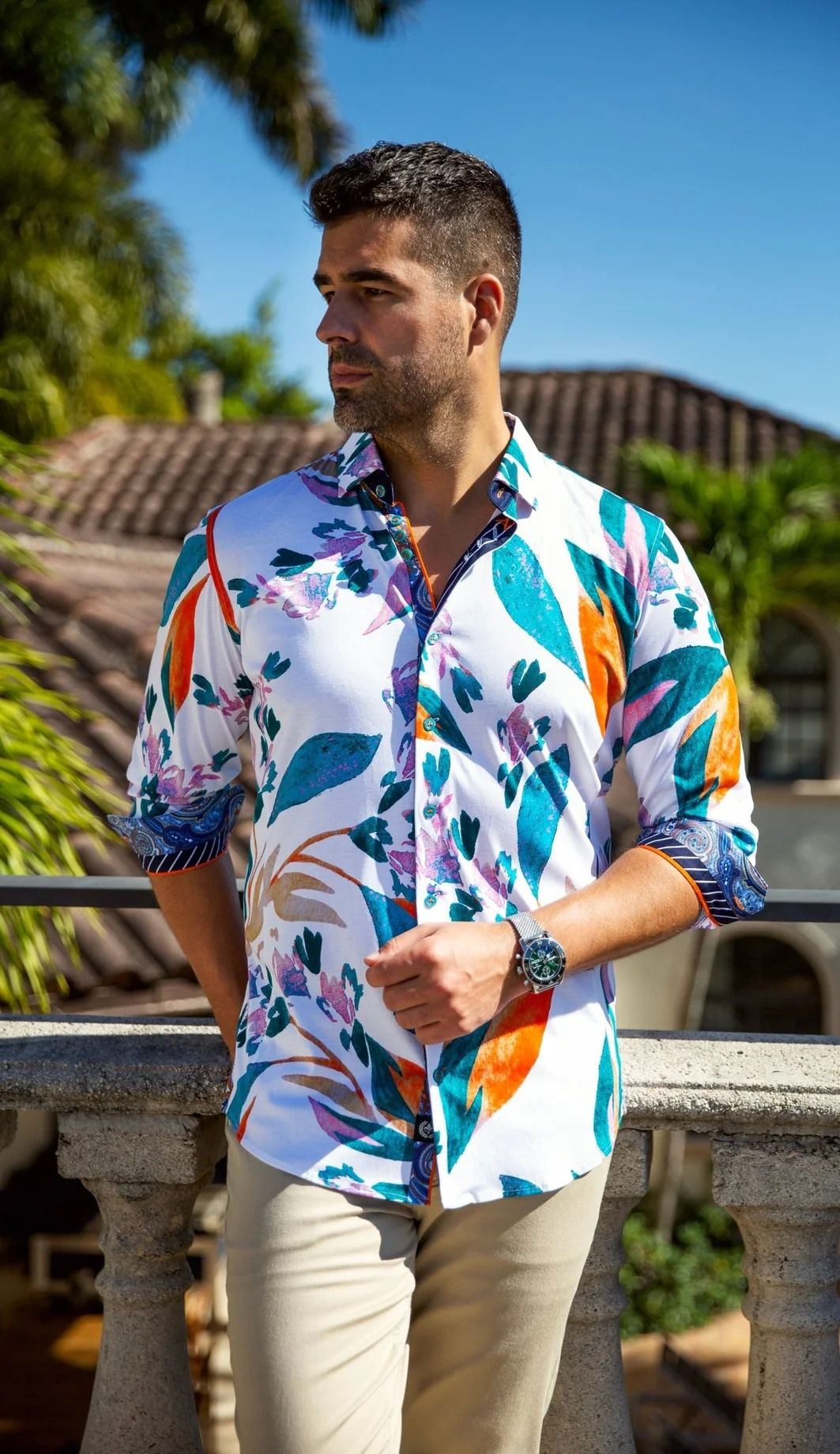 Chemise sport manches longues extensible AU NOIR (WHITE/TEAL - 262756) MODÈLE: VINEHAVEN