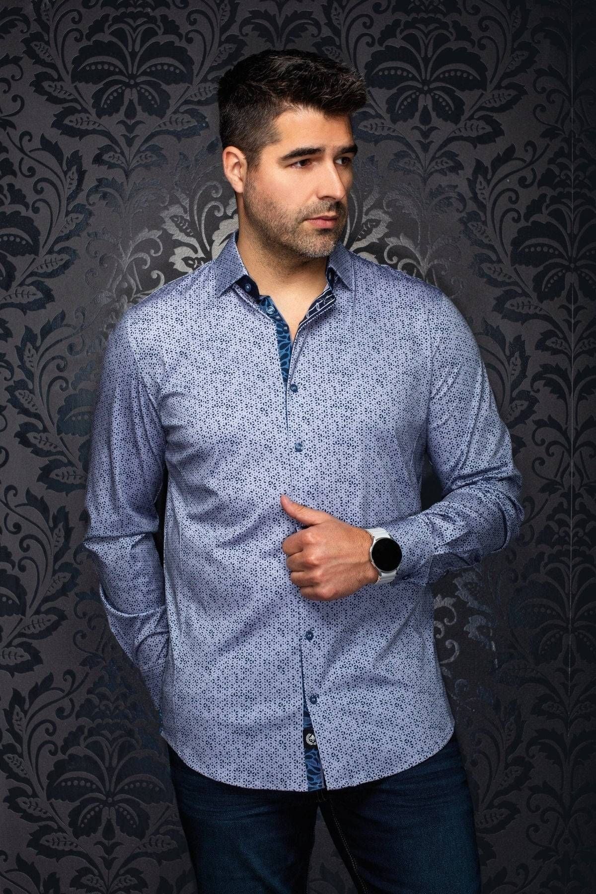 CHEMISE MANCHES LONGUES AU NOIR (GRIS/BLEU - 262783) MODÈLE: NOVA