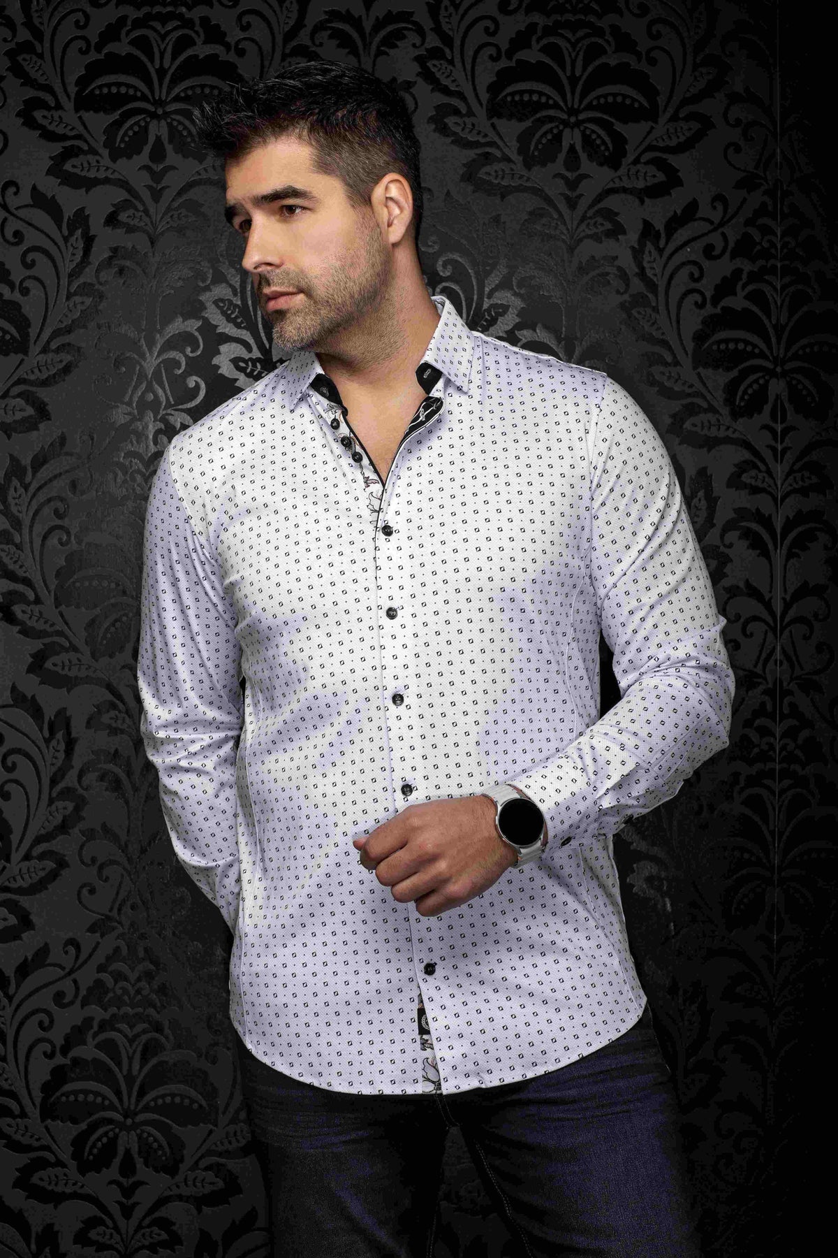 Chemise extensible sport manches longues AU NOIR (BLANC - 262861) MODÈLE: PALERMO