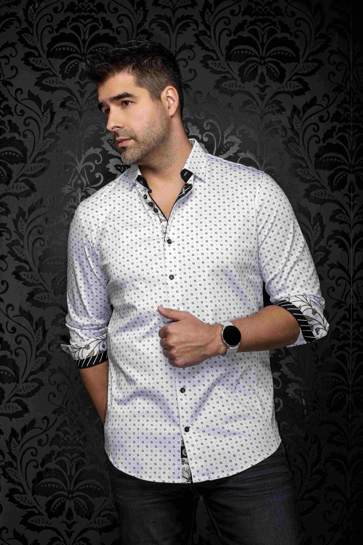 Chemise extensible sport manches longues AU NOIR (BLANC - 262861) MODÈLE: PALERMO