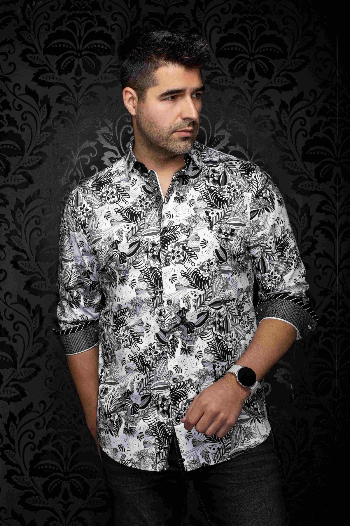 Chemise extensible sport manches longues AU NOIR (WHITE/BLACK - 262862) MODÈLE: OSAKA