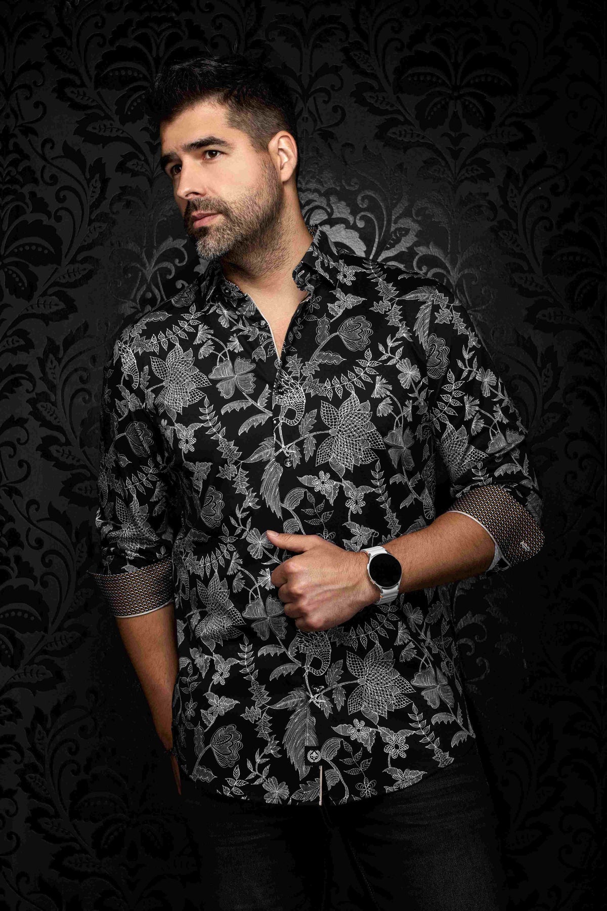 Chemise sport extensible manches longues AU NOIR (BLACK/GOLD - 262922) MODÈLE: LUXOR